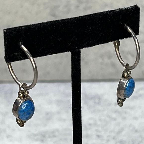 Navajo N Juan Sterling Silver Stamped Blue Stone earrings Hoop Metal - Picture 1 of 7